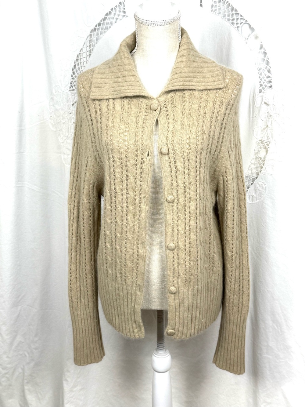 Fieldgear - Classic Cable Knit Button-Up Sweater Cardigan - Cream - Size Large